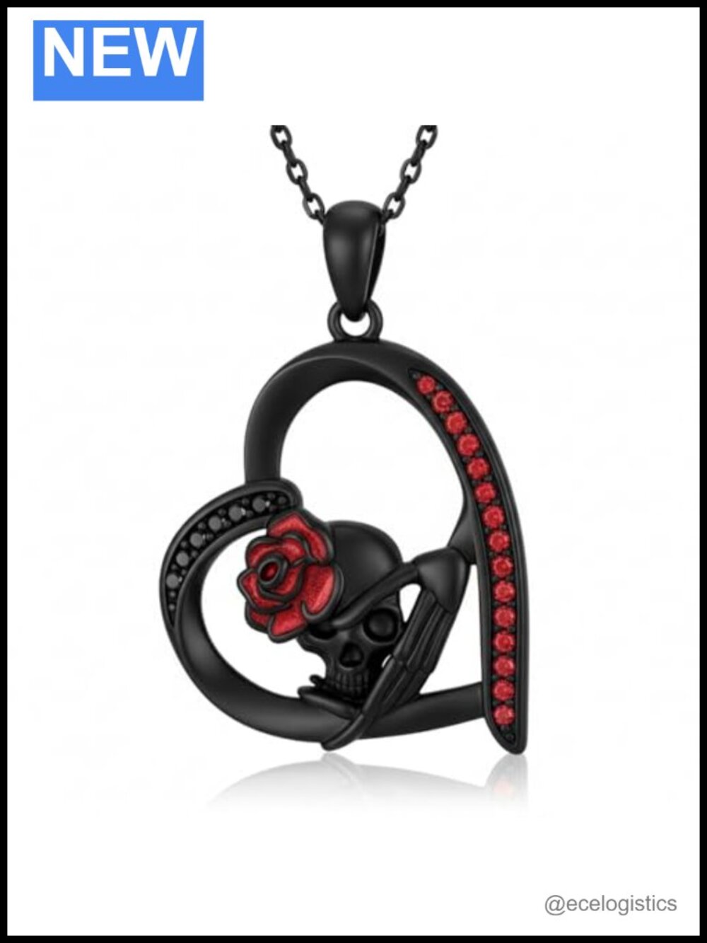 925 Sterling Silver Black Finish Skull Rose Heart Pendant Necklace Gothic